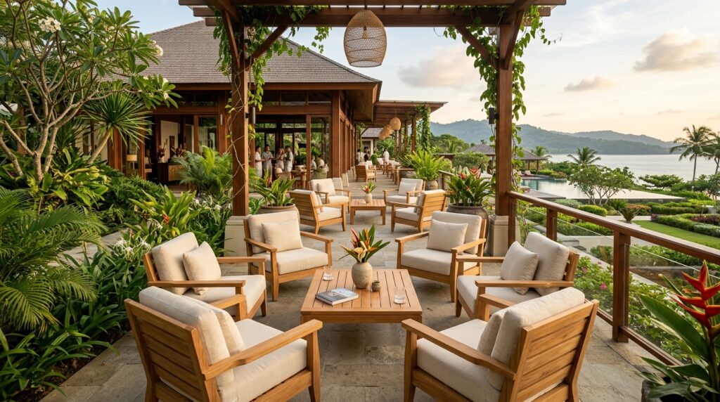 7 best indonesia teak patio designs for elegant outdoor hospitality venues