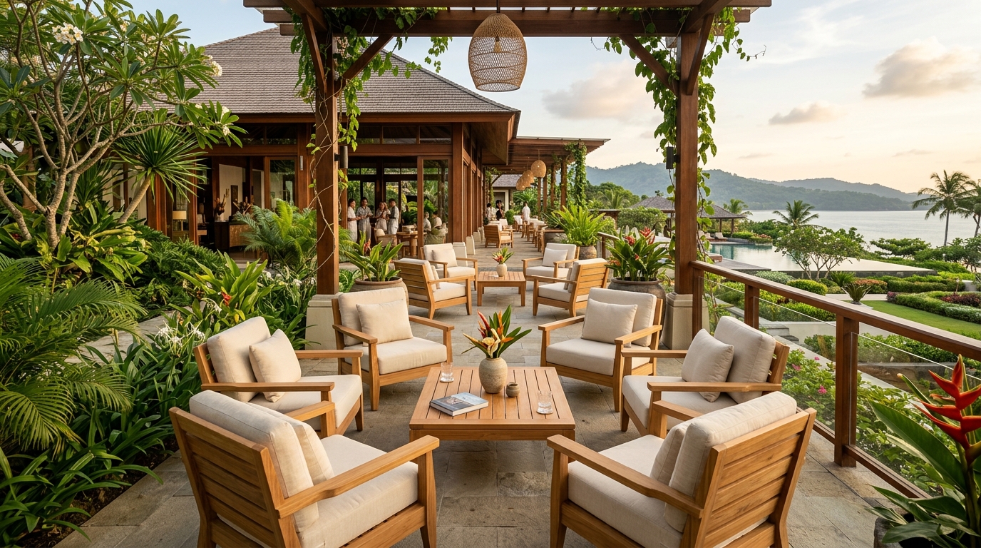 7 best indonesia teak patio designs for elegant outdoor hospitality venues